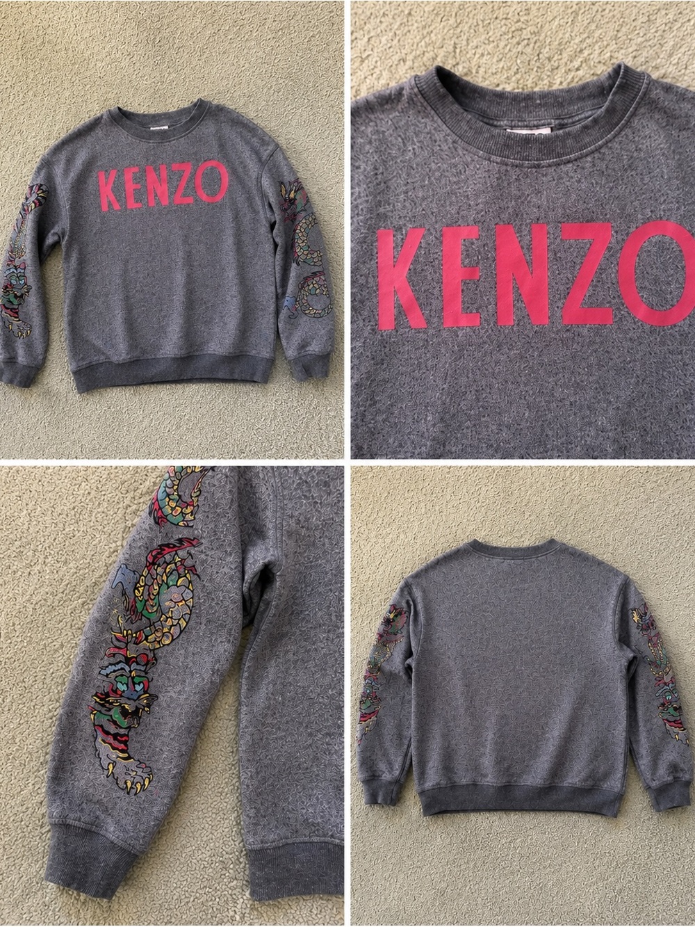 Kenzo Gray Sweatshirt with Orange Logo and Multicolor Dragon Sleeves